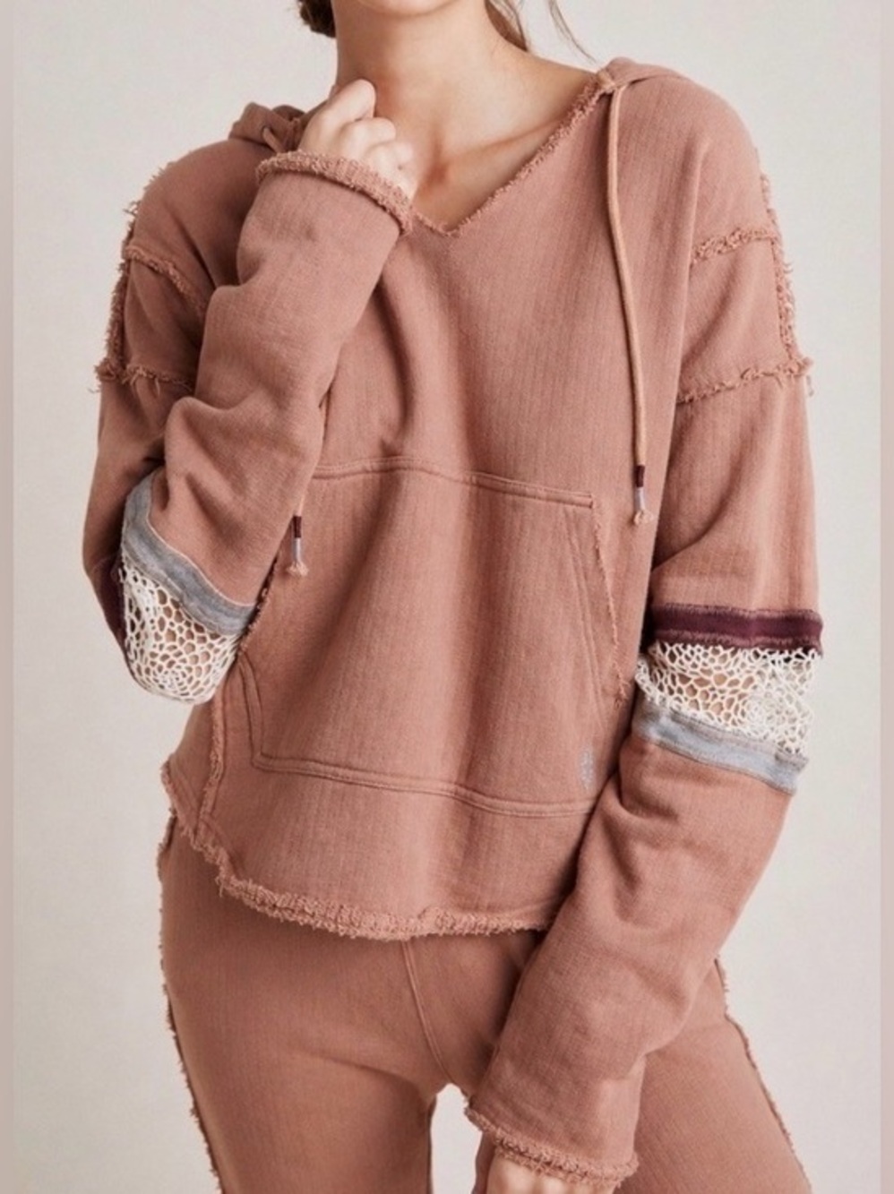 FP MOVEMENT S Dream Catcher Hoodie in rose color with crochet detailed sleeves